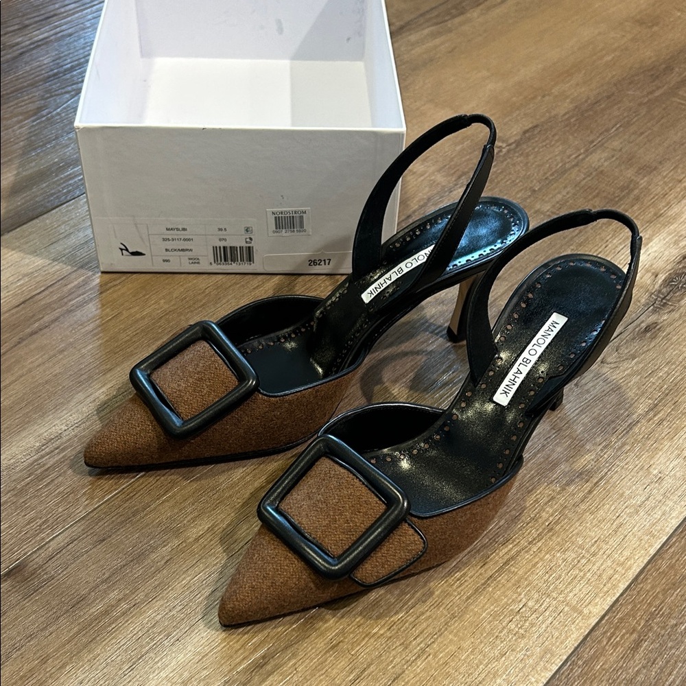 Manolo Blahnik mayslibi Black and Brown wool Buckle Heels 39.5 9.5 new